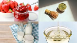 Nguyên liệu pha matcha latte với mứt dâu