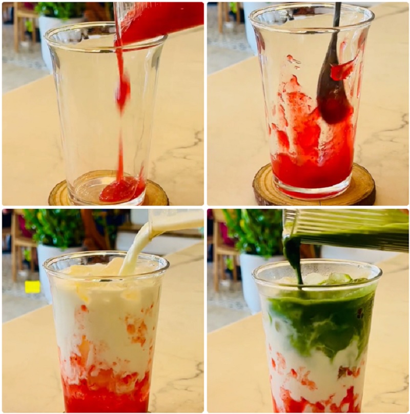 Pha chế matcha latte với mứt dâu